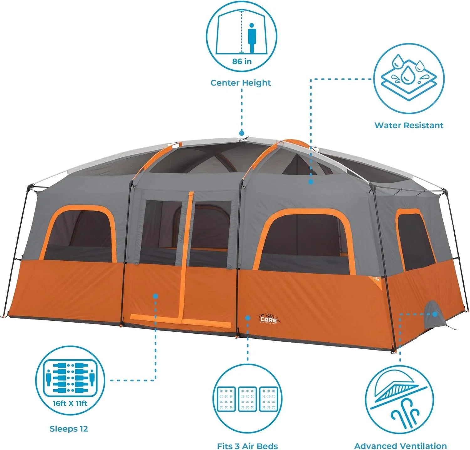 CORE Straight Wall Cabin Tents | 10 Person / 11 Person / 12 Person Large Multi Room Family Tents for Car Camping & Outdoor Adventures
