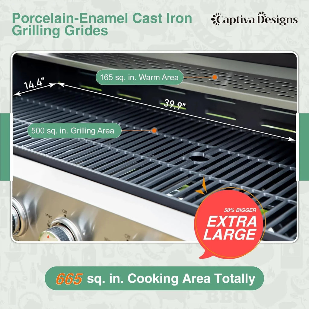 Burner Propane Gas BBQ Grill with Side Burner & Porcelain-Enameled Cast Iron Grates, 42,000 BTU Output Stainless Steel Grill for Outdoor Cooking Kitchen and Patio Backyard Barbecue-Captiva