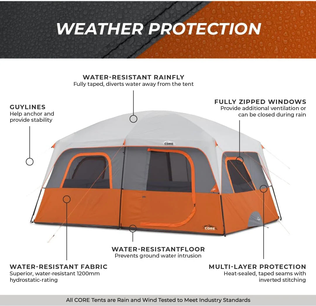 CORE Straight Wall Cabin Tents | 10 Person / 11 Person / 12 Person Large Multi Room Family Tents for Car Camping & Outdoor Adventures