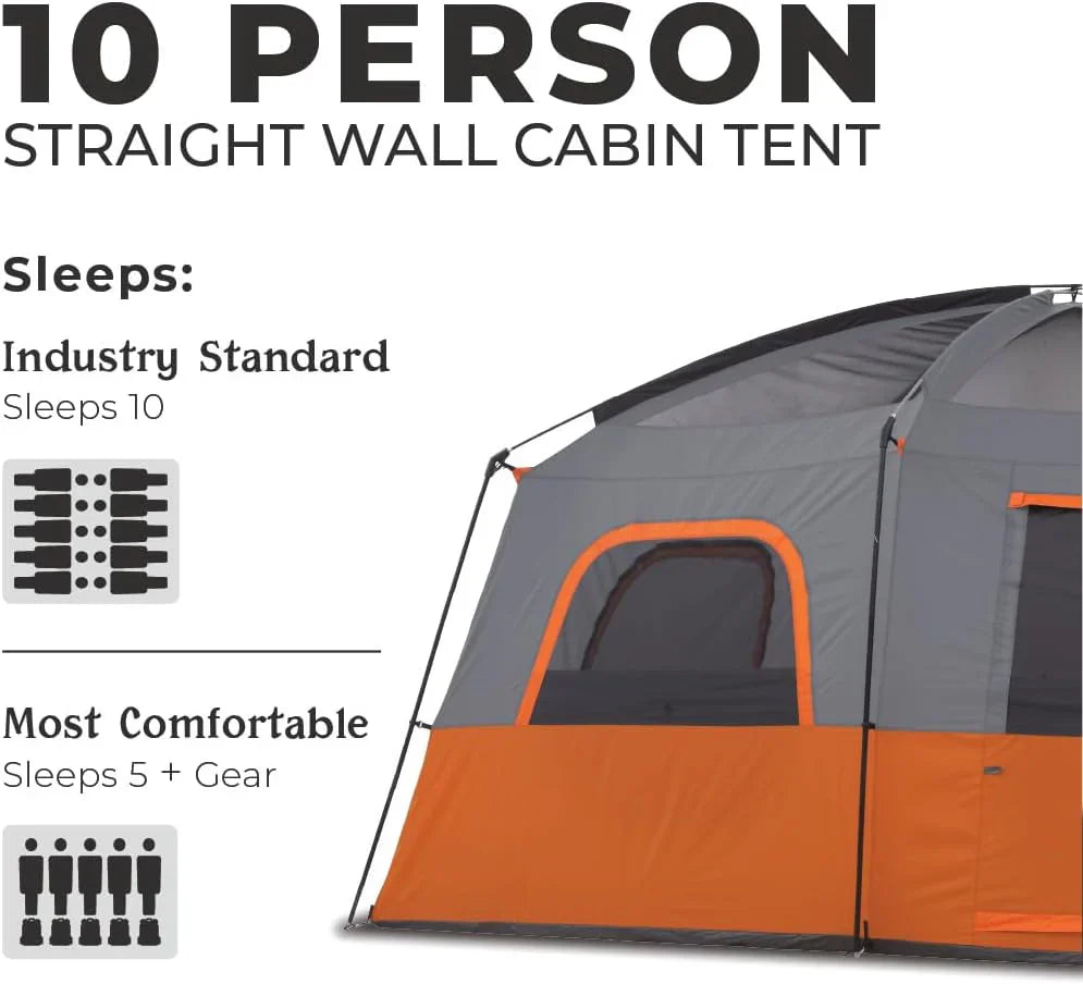 CORE Straight Wall Cabin Tents | 10 Person / 11 Person / 12 Person Large Multi Room Family Tents for Car Camping & Outdoor Adventures