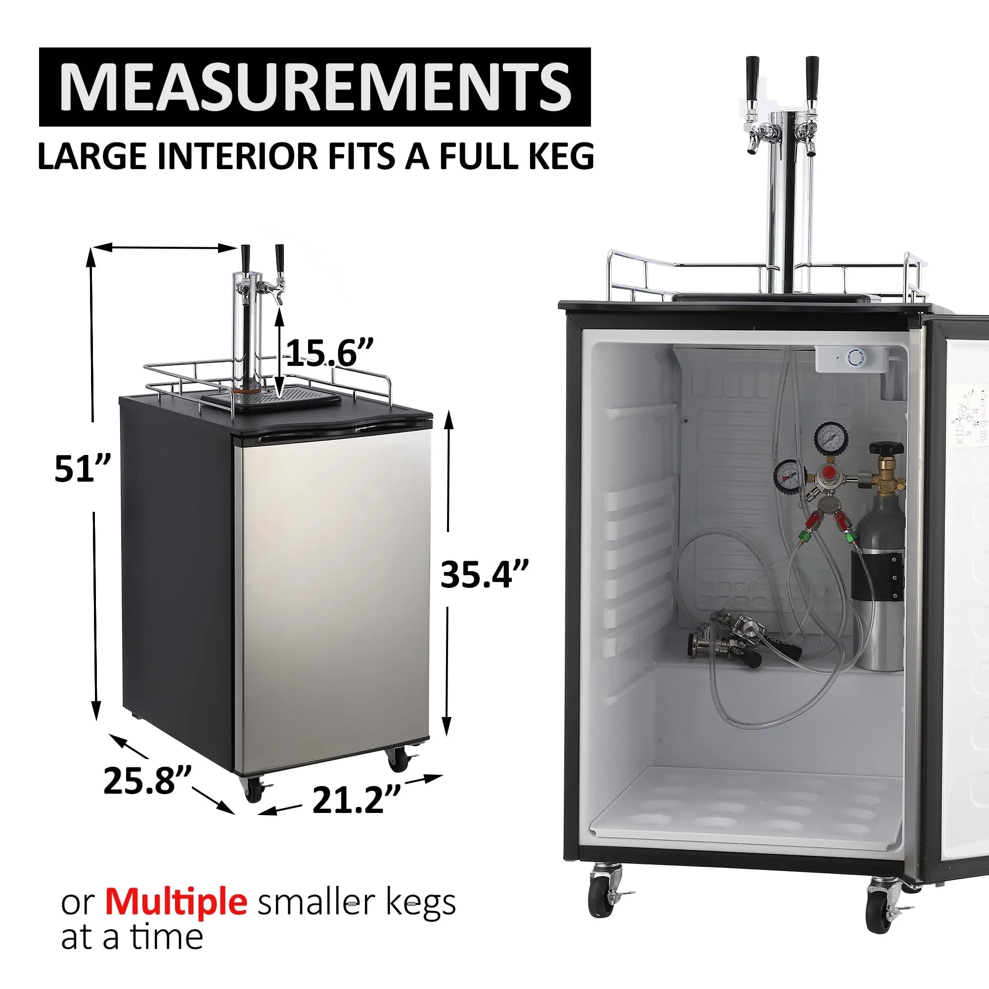 Beer Kegerator, Dual Tap Draft Beer Dispenser, Full Size Stainless Steel Keg Refrigerator With Drip Tray, CO2 Cylinder, 32°F- 50°F Temperature Control, 170L