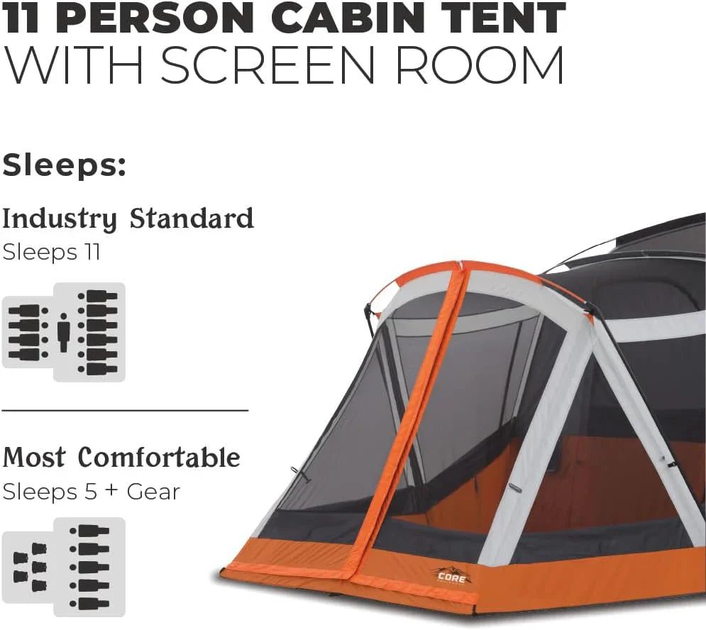 CORE Straight Wall Cabin Tents | 10 Person / 11 Person / 12 Person Large Multi Room Family Tents for Car Camping & Outdoor Adventures