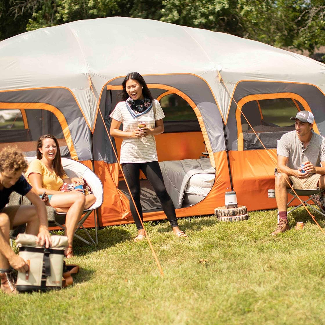 CORE Straight Wall Cabin Tents | 10 Person / 11 Person / 12 Person Large Multi Room Family Tents for Car Camping & Outdoor Adventures