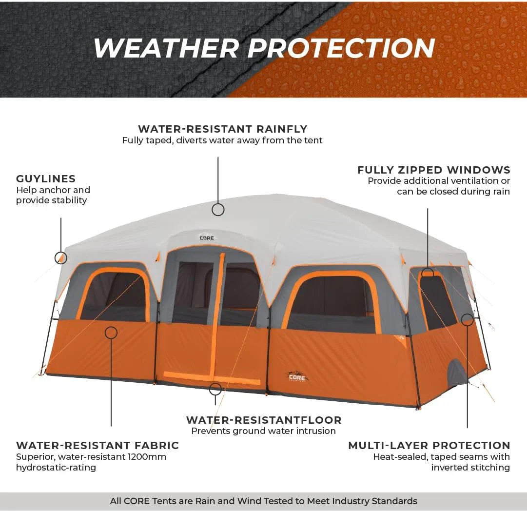 CORE Straight Wall Cabin Tents | 10 Person / 11 Person / 12 Person Large Multi Room Family Tents for Car Camping & Outdoor Adventures