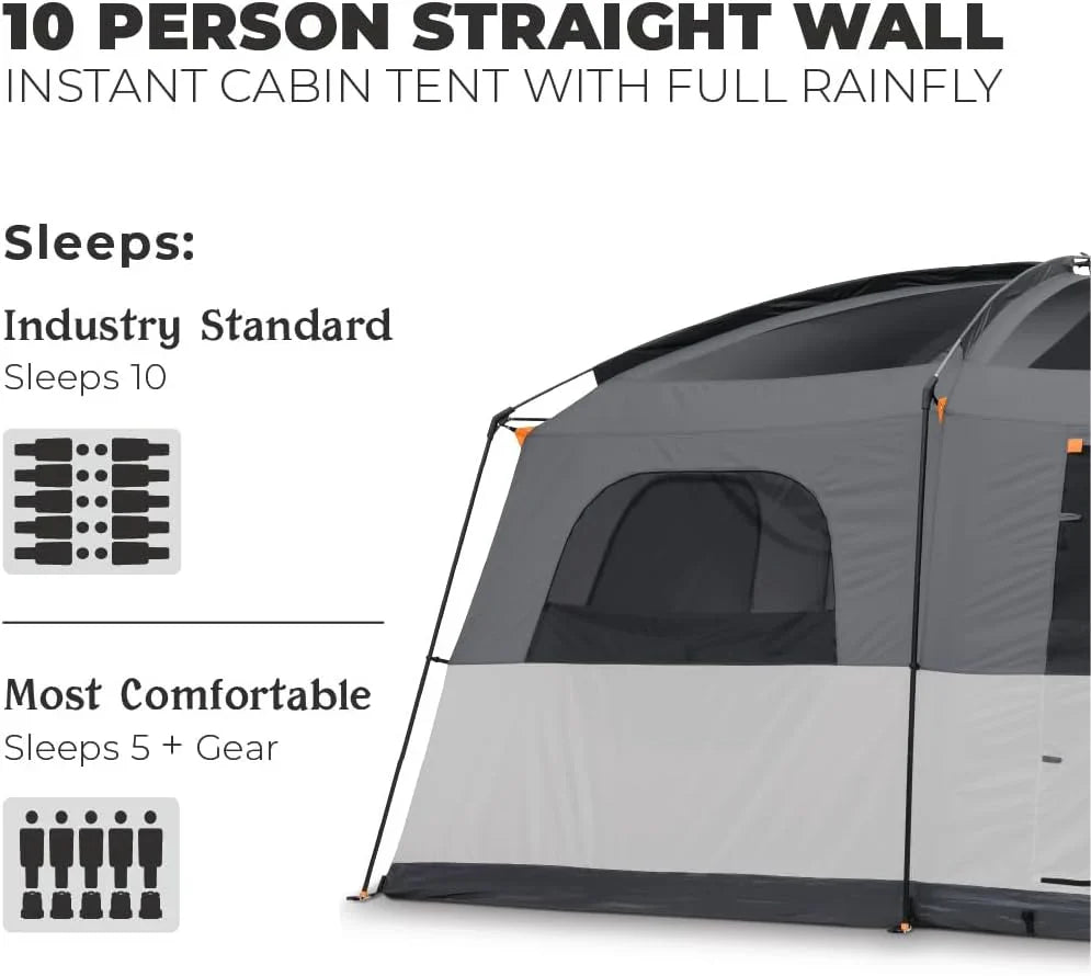 CORE Straight Wall Cabin Tents | 10 Person / 11 Person / 12 Person Large Multi Room Family Tents for Car Camping & Outdoor Adventures