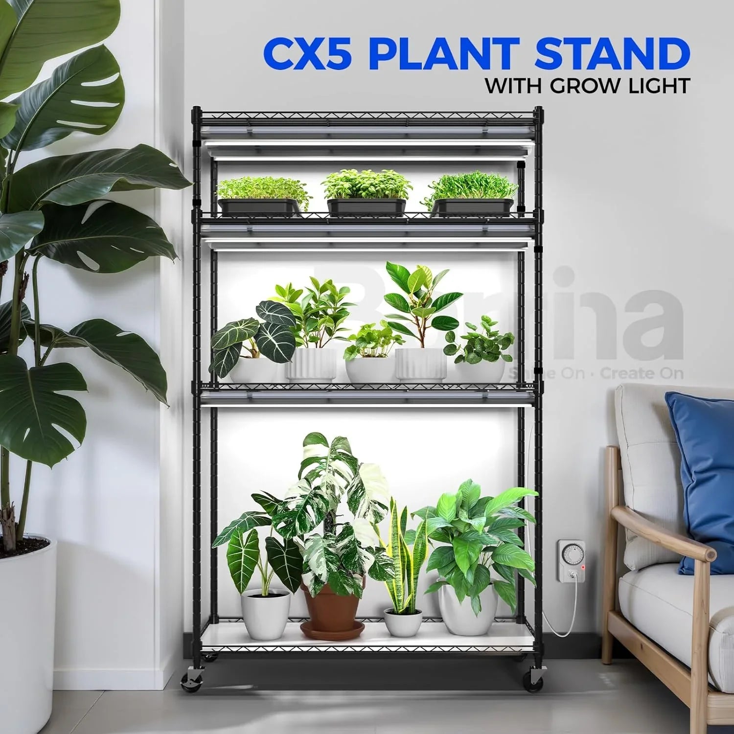 Barrina Mini Greenhouse with LED Grow Light for Indoor Plant, 4-Tier Portable Metal Plant Stand with Wheels, Plant Shelf with Tent, 6Pcs Plant Light with Timer and Thermo-Hygrometer, 35.4x13.8x59IN
