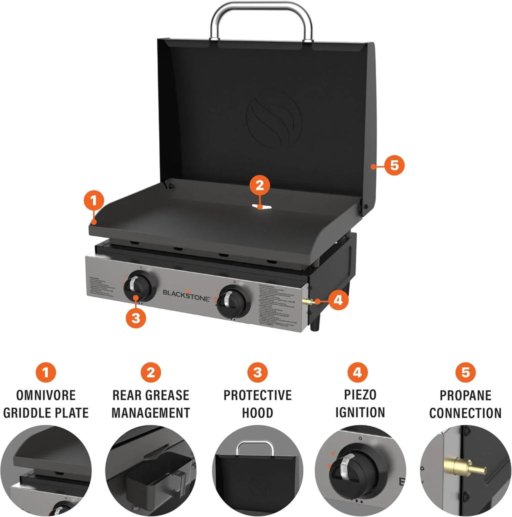 Blackstone 1666 22” Tabletop Griddle with Stainless Steel Faceplate, Powder Coated Steel, Black