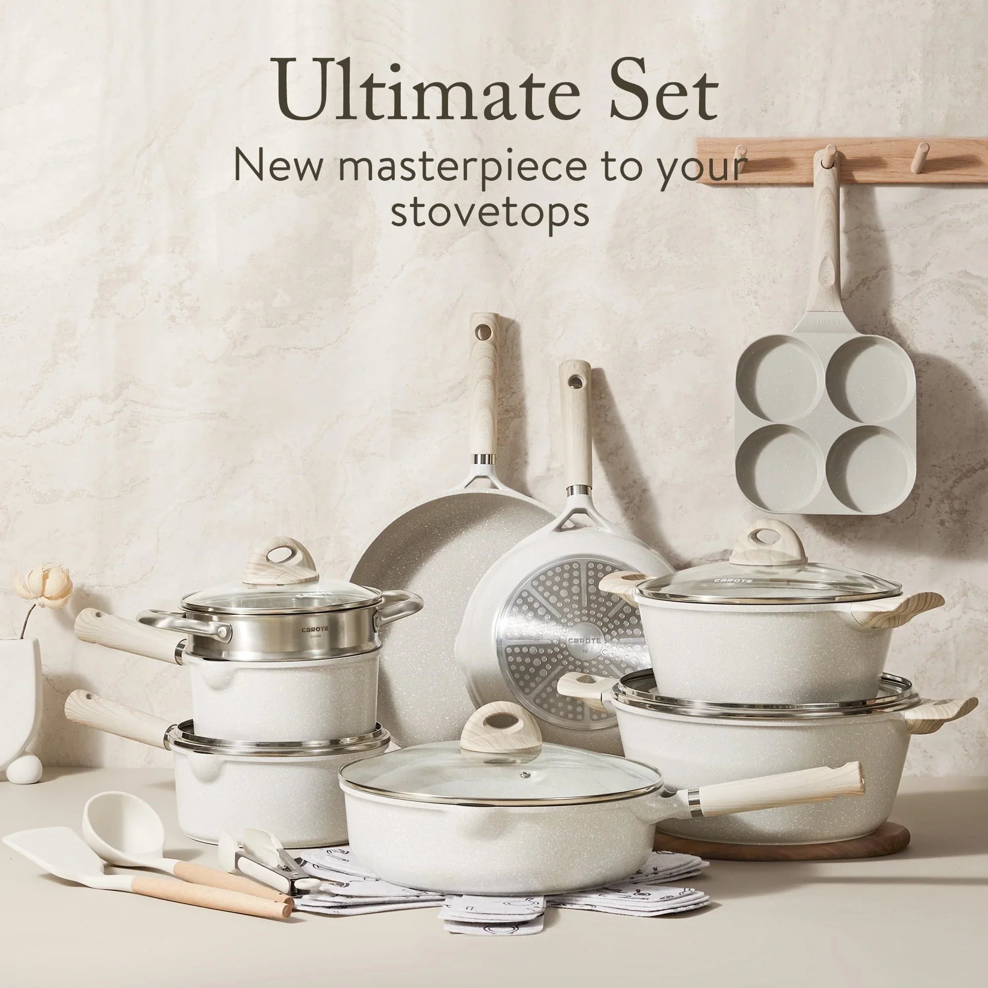 Carote Non Stick Pots and Pans Set, 21 Pcs Induction Kitchen Cookware Sets (Beige Granite)