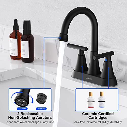 Bathroom Faucets for Sink 3 Hole, Hurran 4 inch Matte Black Bathroom Sink Faucet with Pop-up Drain