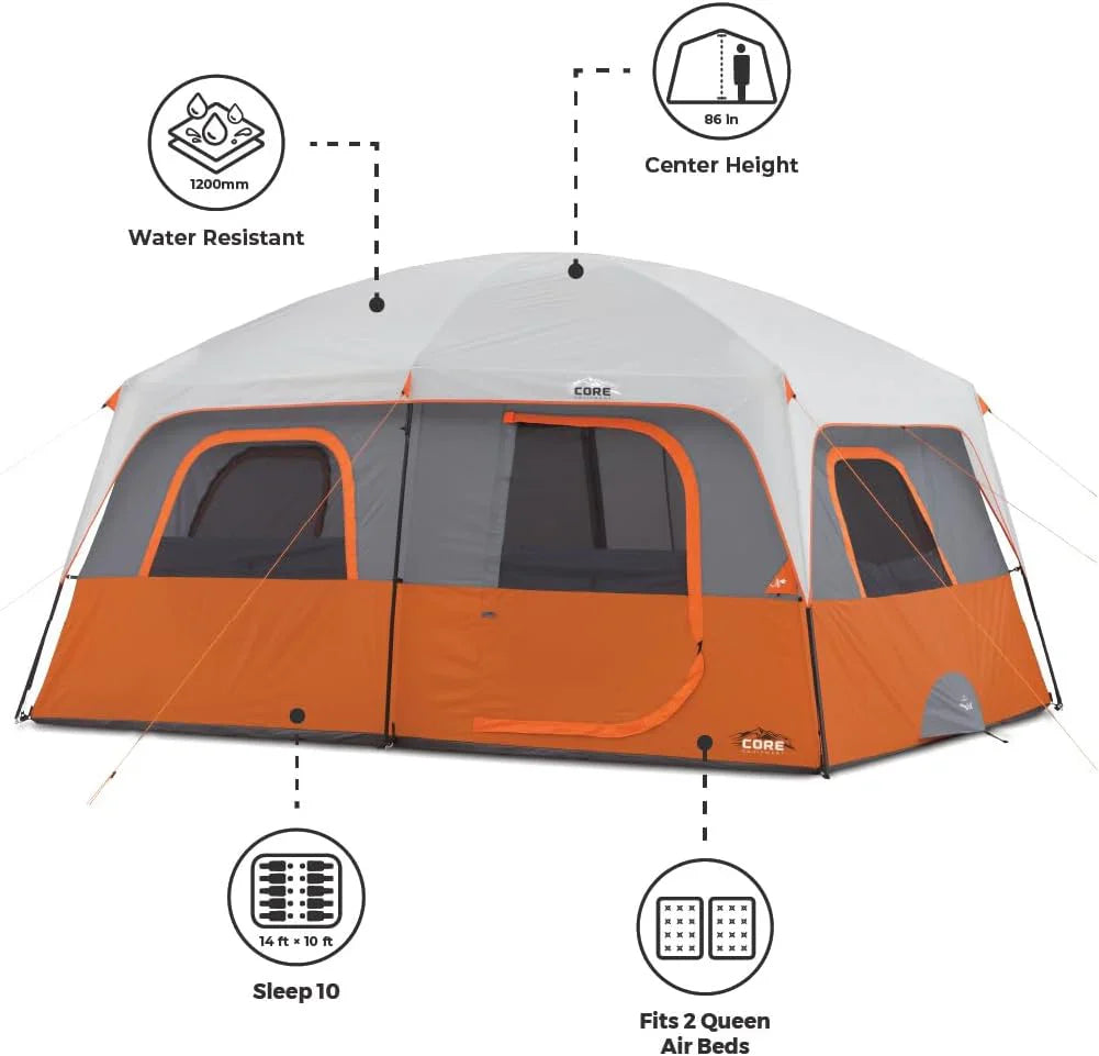 CORE Straight Wall Cabin Tents | 10 Person / 11 Person / 12 Person Large Multi Room Family Tents for Car Camping & Outdoor Adventures