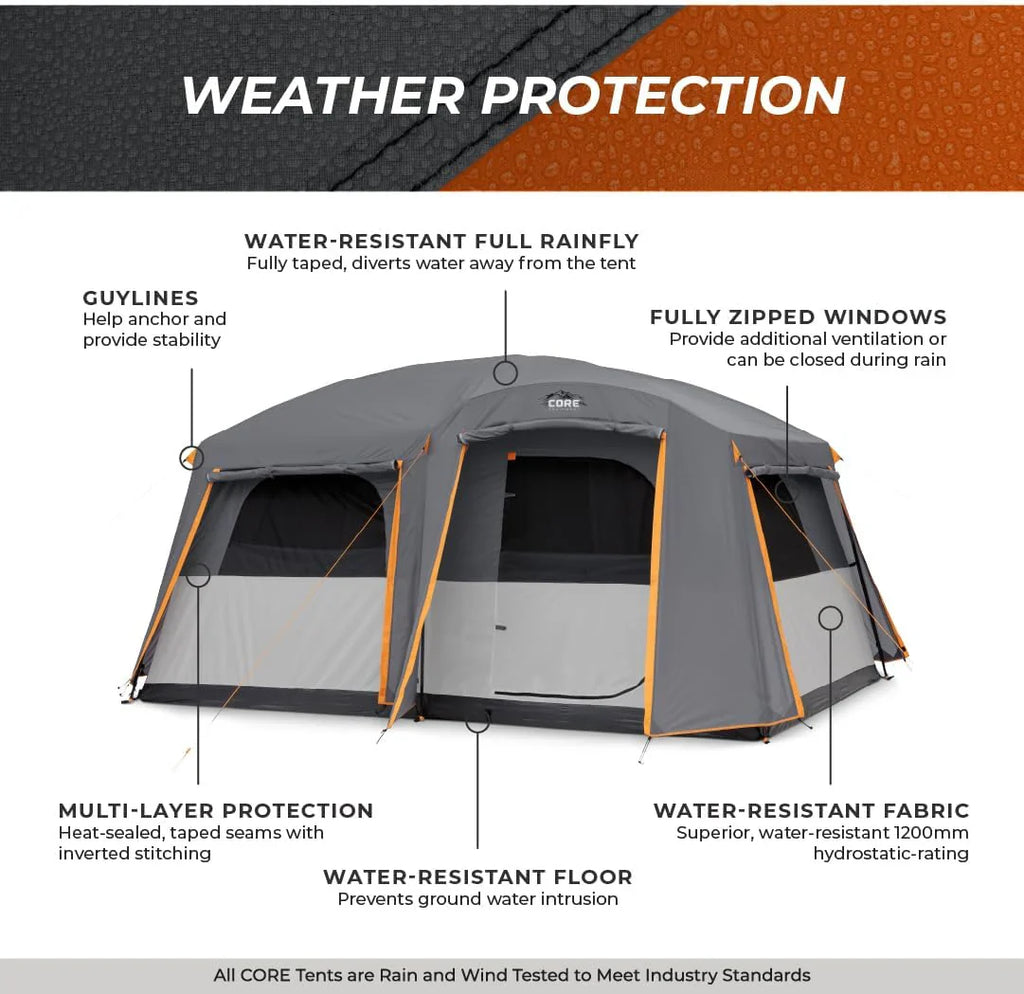 CORE Straight Wall Cabin Tents | 10 Person / 11 Person / 12 Person Large Multi Room Family Tents for Car Camping & Outdoor Adventures