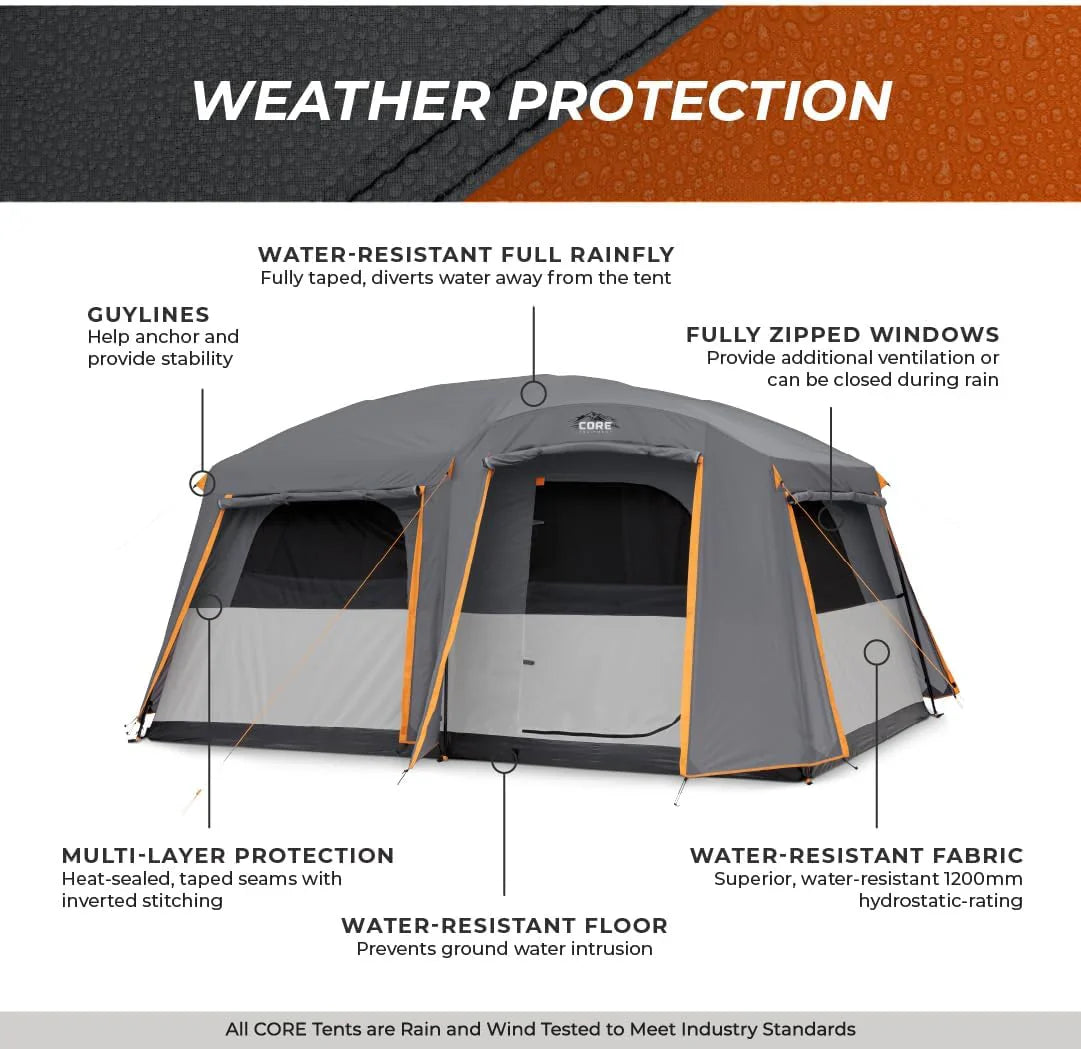 CORE Straight Wall Cabin Tents | 10 Person / 11 Person / 12 Person Large Multi Room Family Tents for Car Camping & Outdoor Adventures