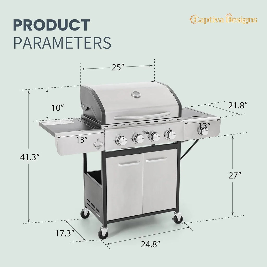 Burner Propane Gas BBQ Grill with Side Burner & Porcelain-Enameled Cast Iron Grates, 42,000 BTU Output Stainless Steel Grill for Outdoor Cooking Kitchen and Patio Backyard Barbecue-Captiva