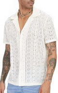 Men's Sheer Lace Short Sleeve Button Shirt - Apricot