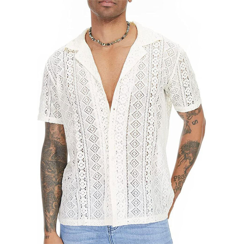 Men's Sheer Lace Short Sleeve Button Shirt - White