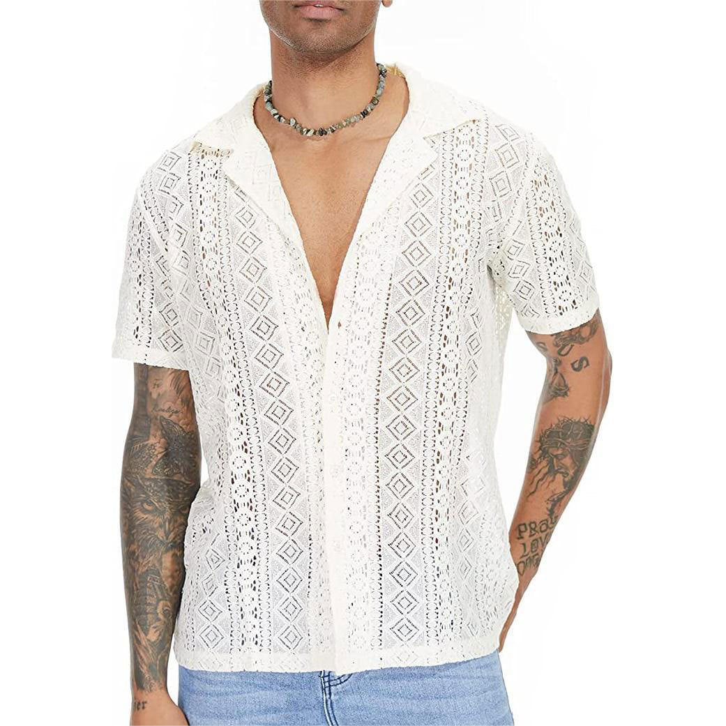 Men's Sheer Lace Short Sleeve Button Shirt - White
