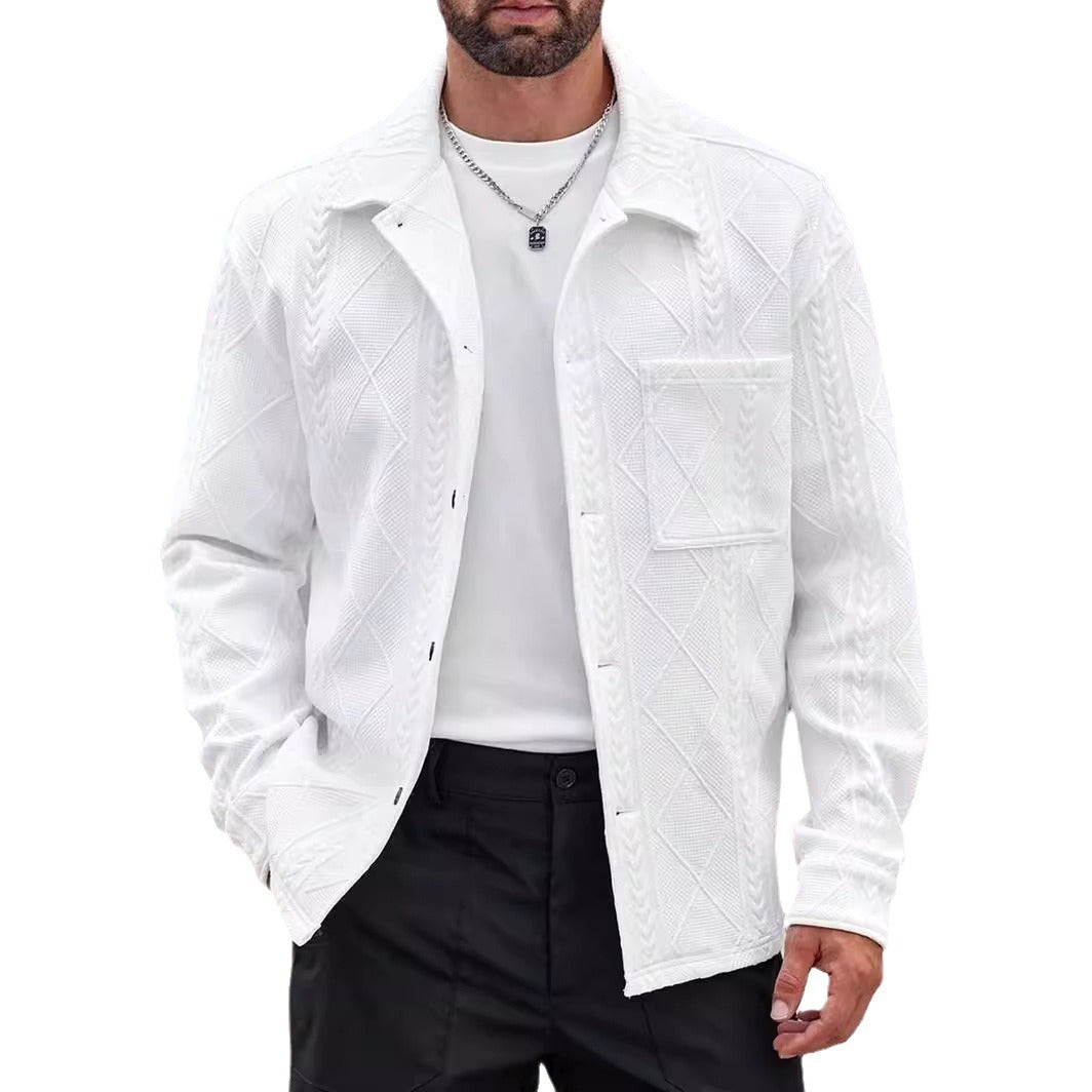Men's Jacquard Knit Lapel Cardigan Jacket - White - XXL