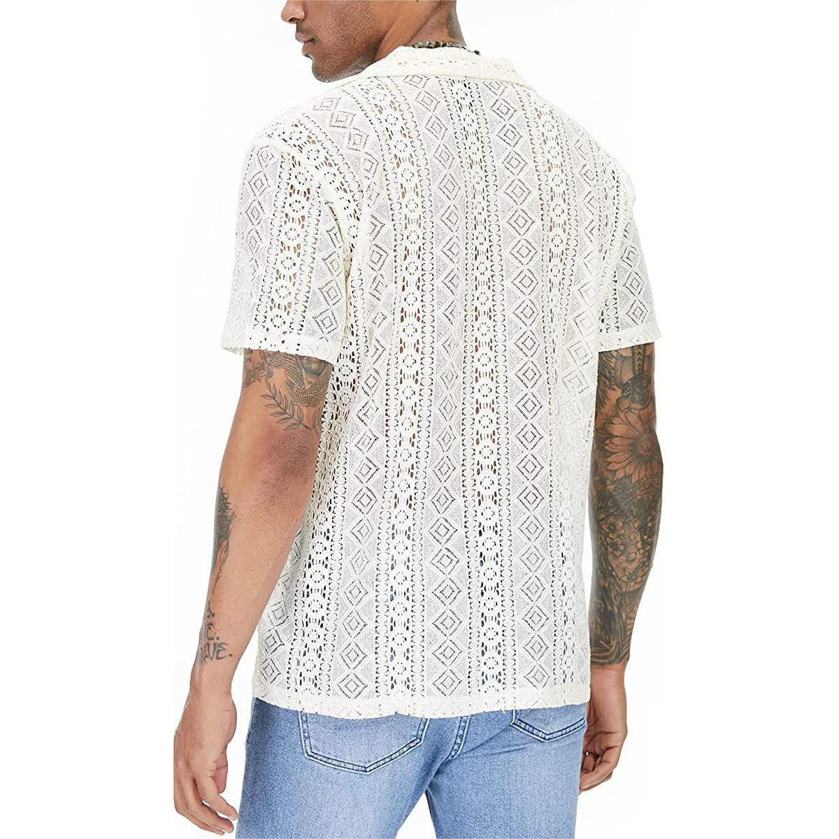 Men's Sheer Lace Short Sleeve Button Shirt - Beige