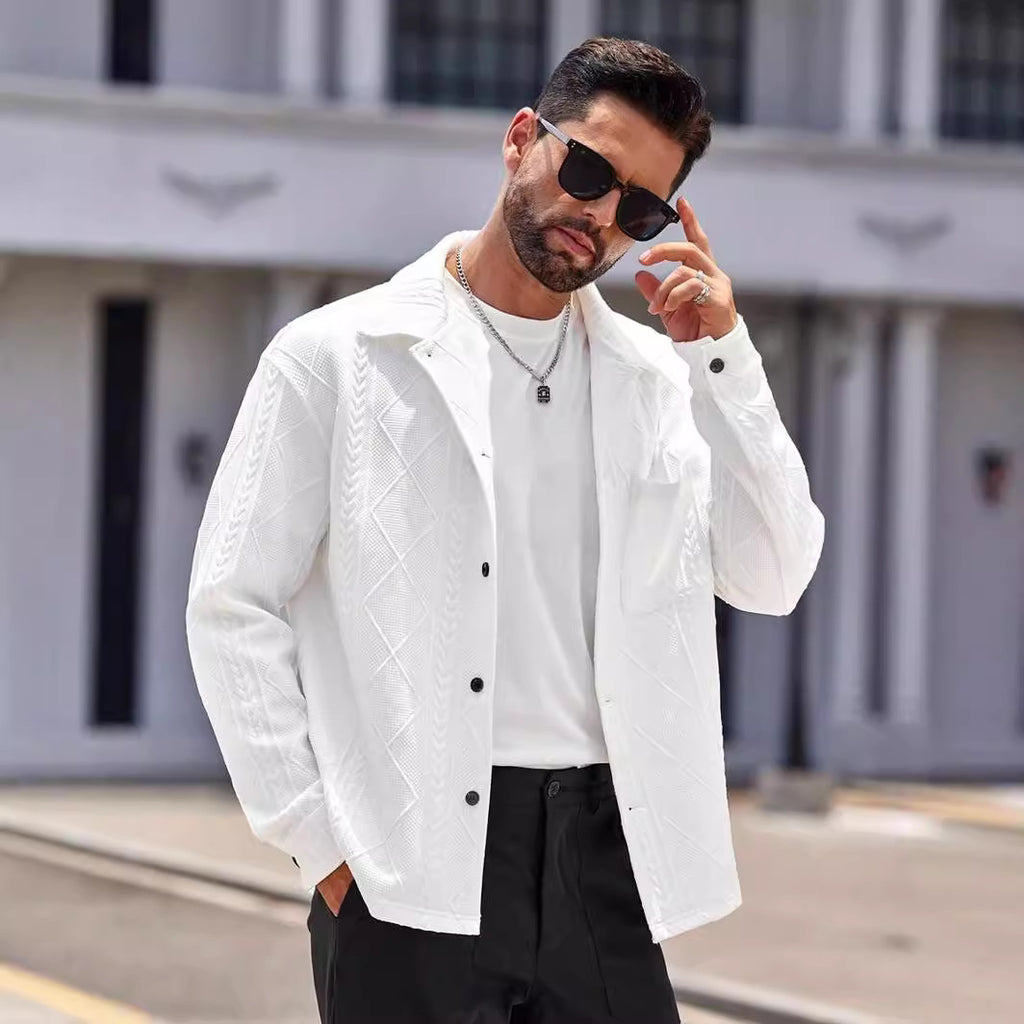 Men's Jacquard Knit Lapel Cardigan Jacket - Black - XXL