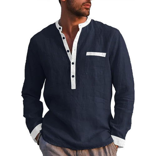 Men's Cotton Linen Long Sleeve Henley Shirt - Pink - L