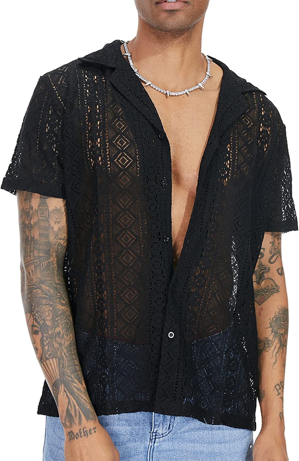 Men's Sheer Lace Short Sleeve Button Shirt - Black