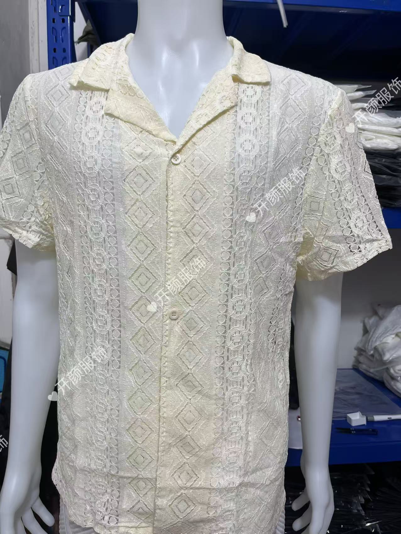 Men's Sheer Lace Short Sleeve Button Shirt - White
