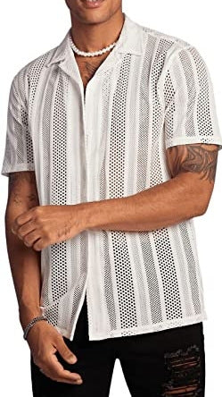 Men's Openwork Knit Short Sleeve Shirt - White