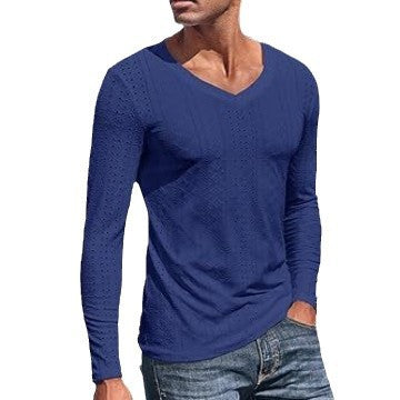 Men's Jacquard V-Neck Long Sleeve Knit Shirt - Blue - XXL