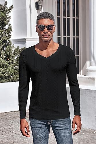 Men's Jacquard V-Neck Long Sleeve Knit Shirt - Blue - XL