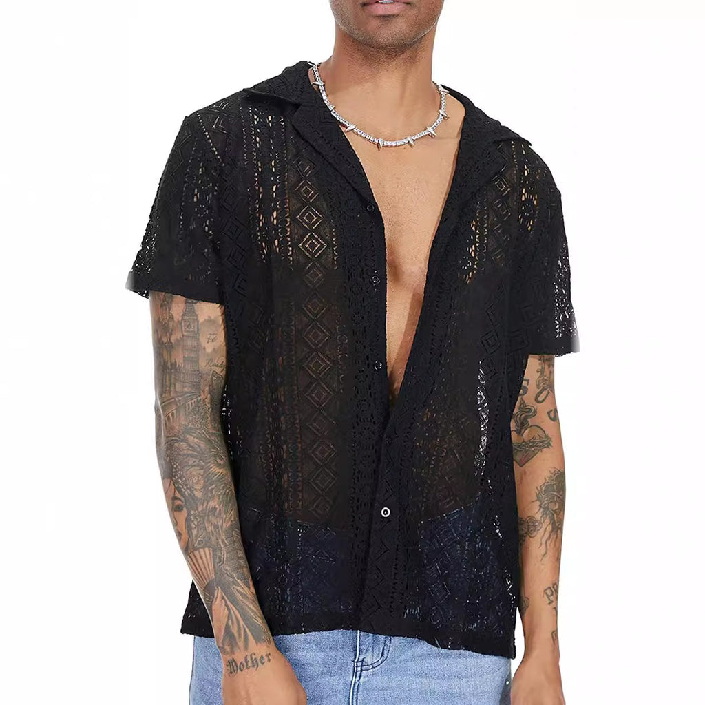 Men's Sheer Lace Short Sleeve Button Shirt - Black