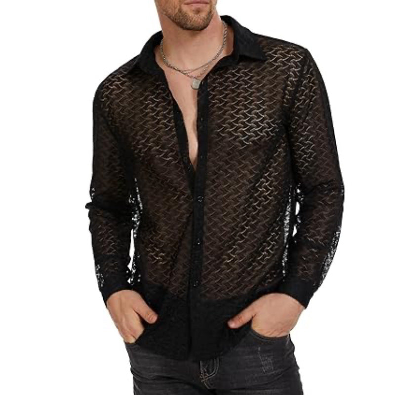 Men's Lace Mesh Long Sleeve Shirt - Gray