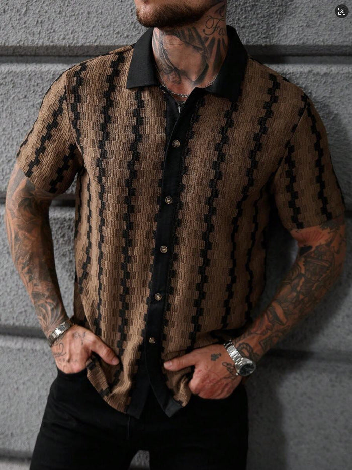 Men's Checkered Knit Short Sleeve Shirt - Brown