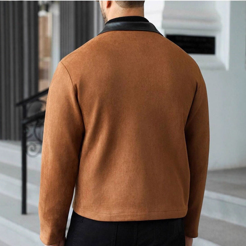Men's Wool Blend Zip Jacket with Faux Leather Lapel - Caramel - XXL
