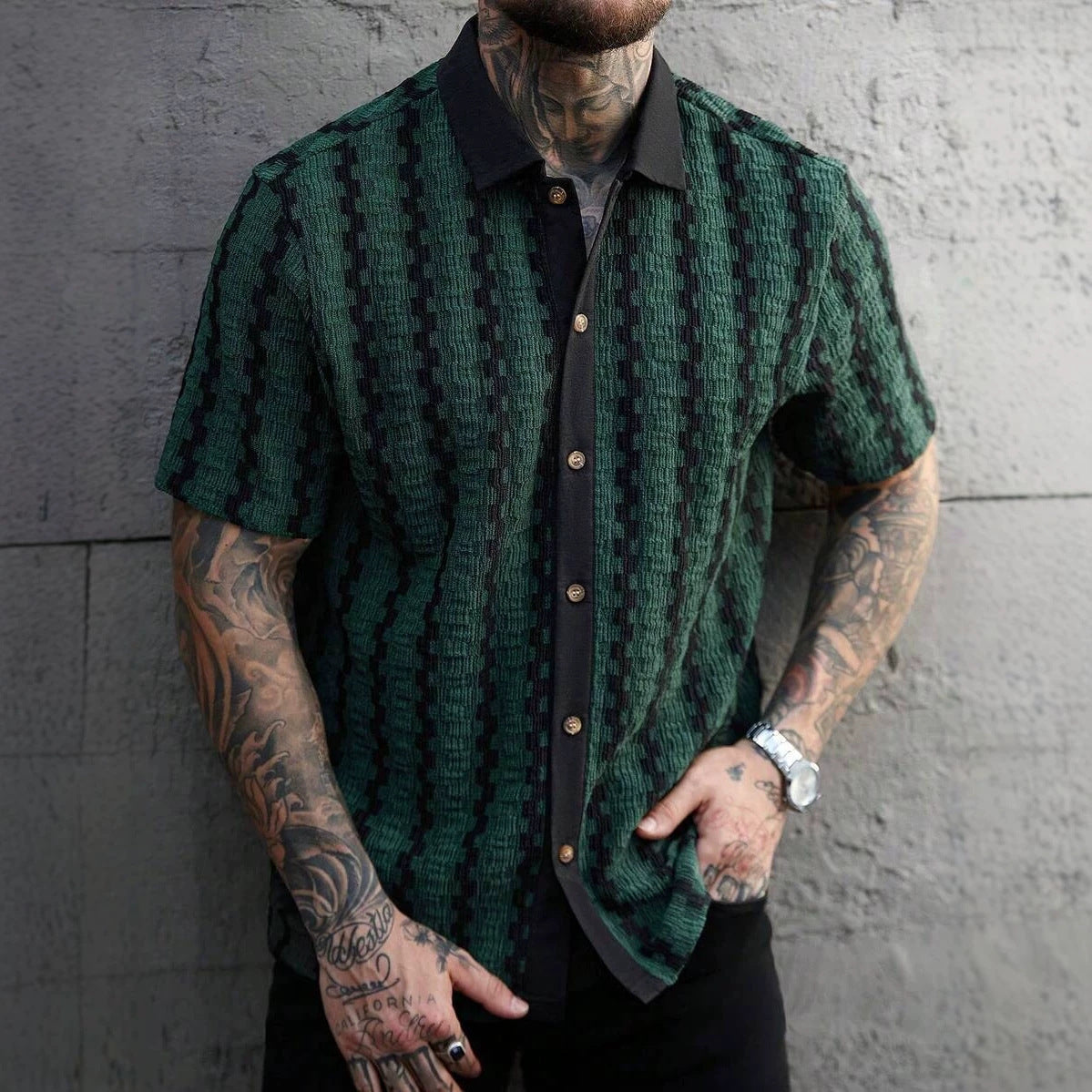 Men's Checkered Knit Short Sleeve Shirt - Brown