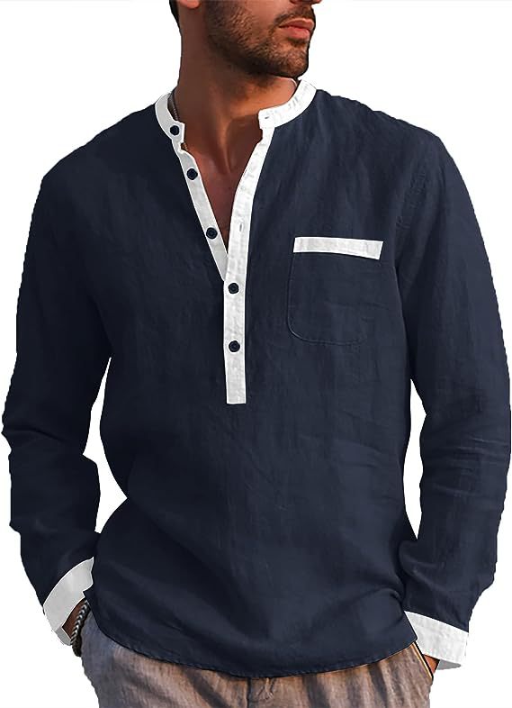 Men's Cotton Linen Long Sleeve Henley Shirt - Pink - XXL