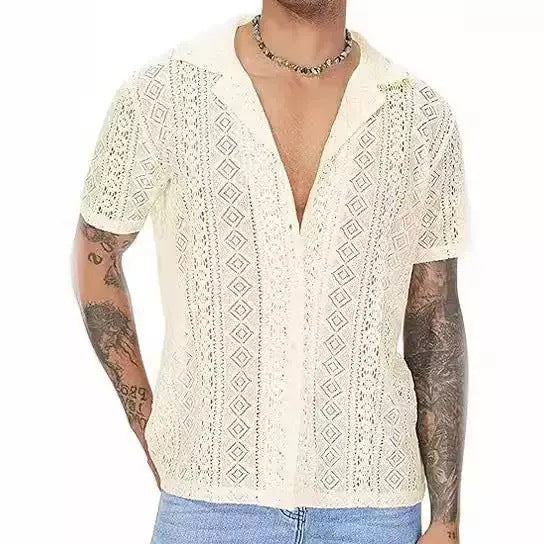 Men's Sheer Lace Short Sleeve Button Shirt - White