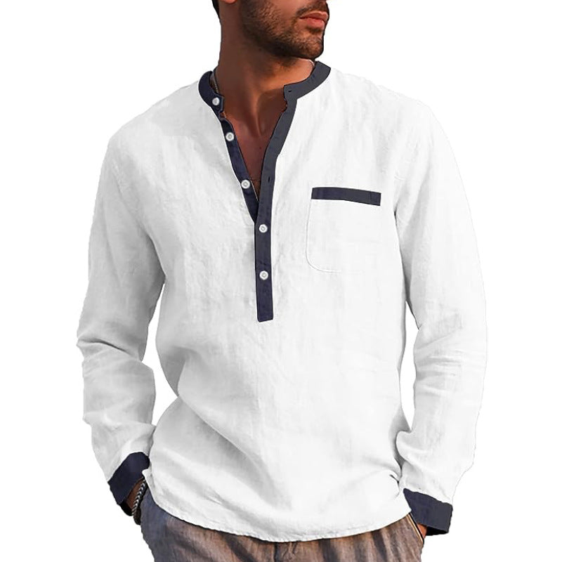 Men's Cotton Linen Long Sleeve Henley Shirt - Pink - XL