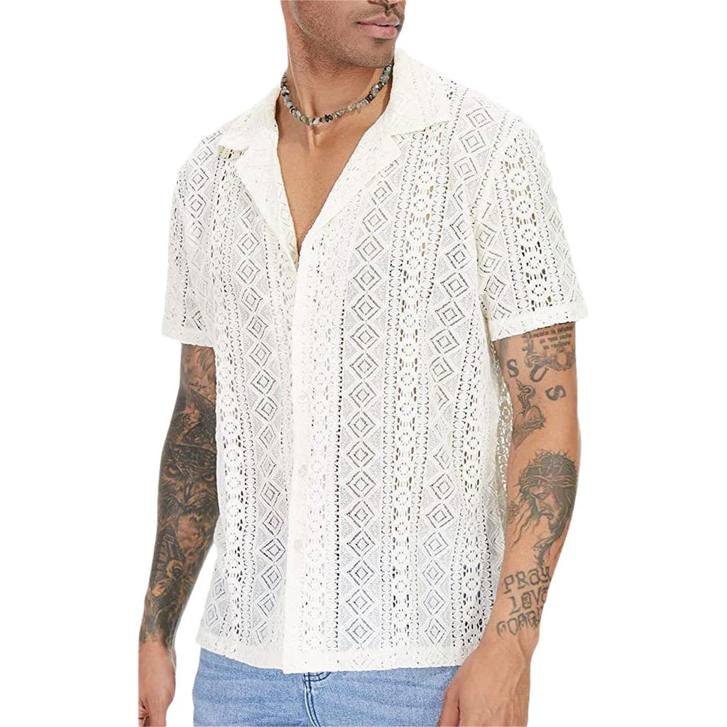 Men's Sheer Lace Short Sleeve Button Shirt - Beige