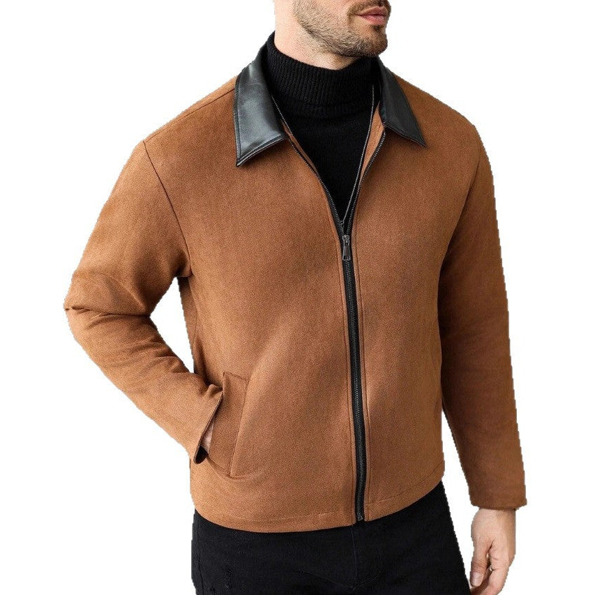 Men's Wool Blend Zip Jacket with Faux Leather Lapel - Caramel - S