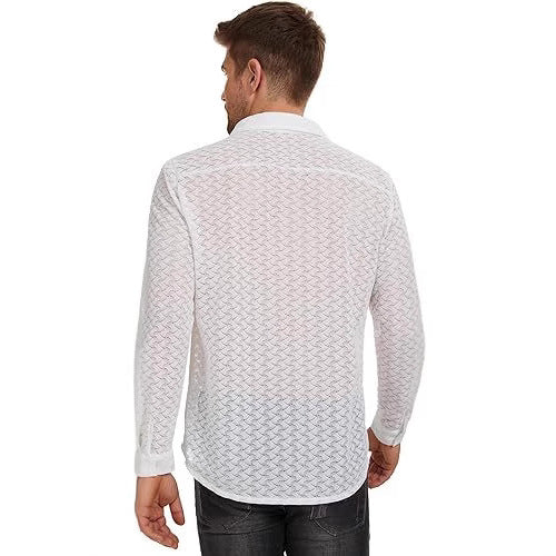 Men's Lace Mesh Long Sleeve Shirt - White