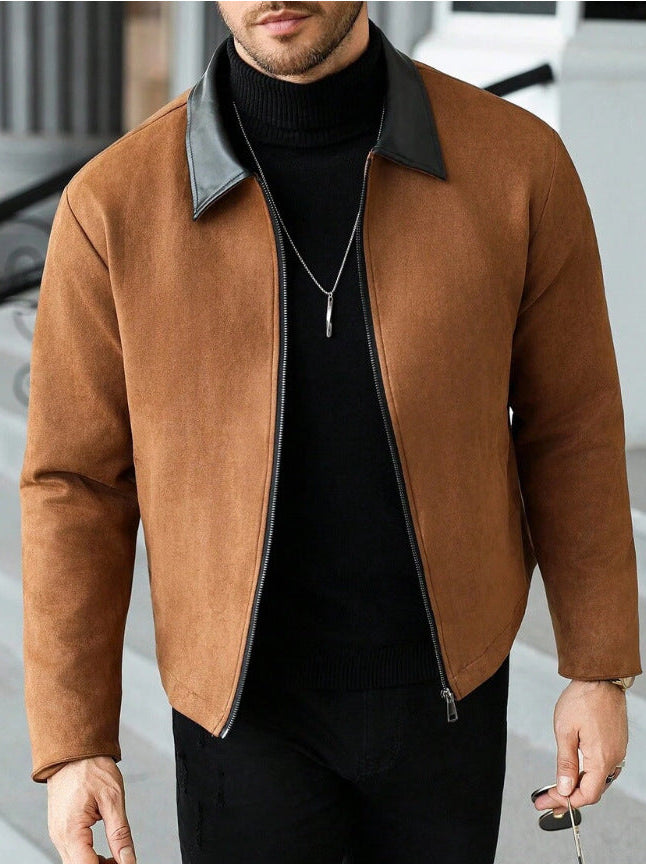 Men's Wool Blend Zip Jacket with Faux Leather Lapel