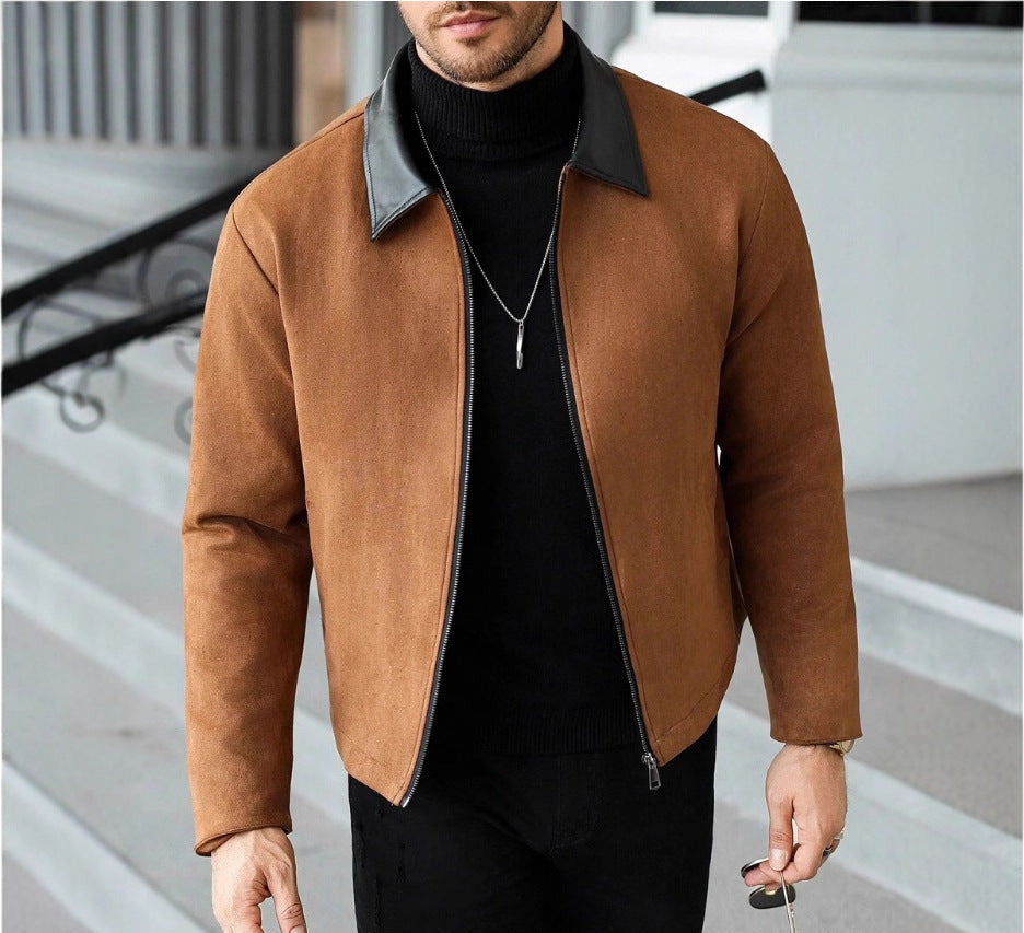 Men's Wool Blend Zip Jacket with Faux Leather Lapel - Caramel - L