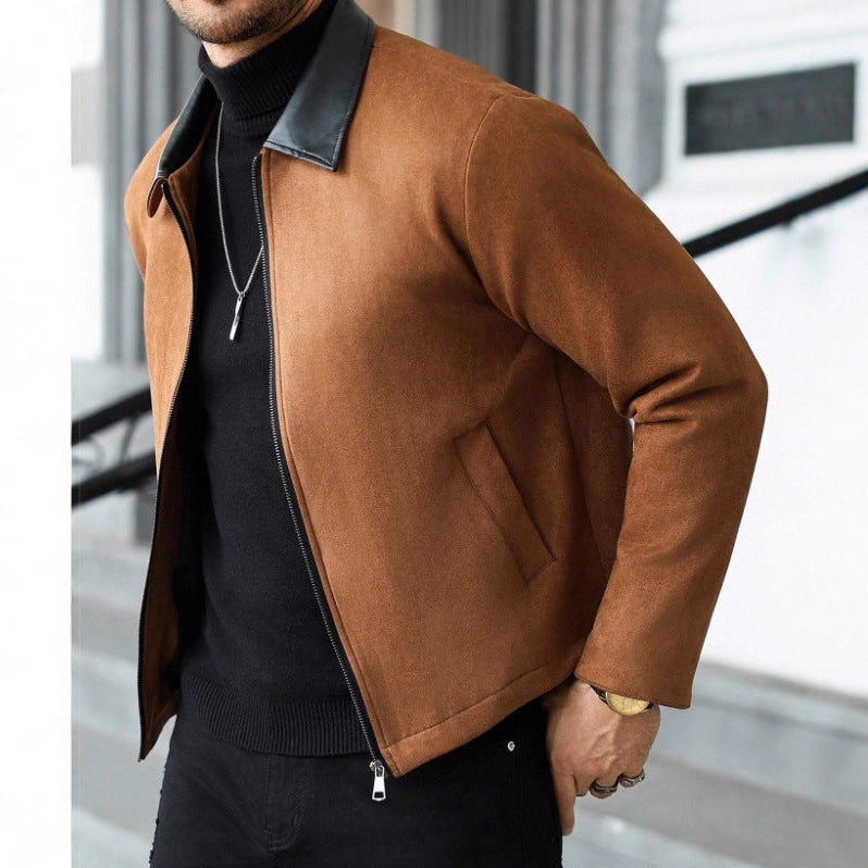 Men's Wool Blend Zip Jacket with Faux Leather Lapel - Caramel - XL