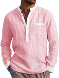 Men's Cotton Linen Long Sleeve Henley Shirt - Beige - L