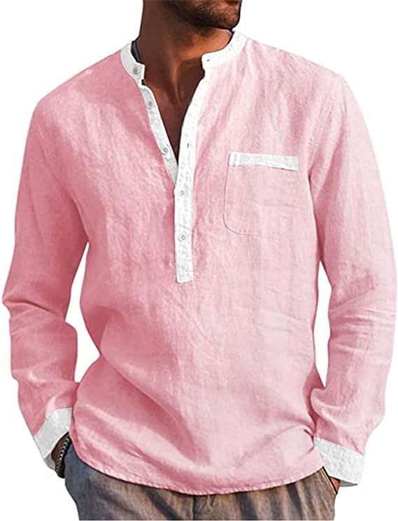Men's Cotton Linen Long Sleeve Henley Shirt - Beige - L