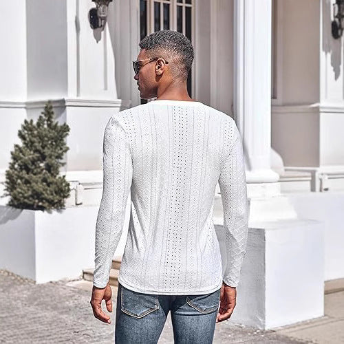 Men's Jacquard V-Neck Long Sleeve Knit Shirt - White - L