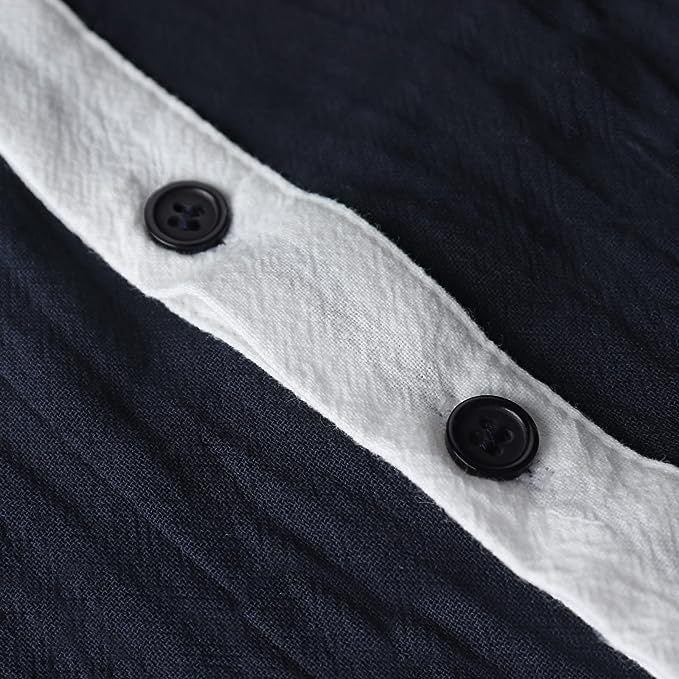 Men's Cotton Linen Long Sleeve Henley Shirt - Navy blue - XXL