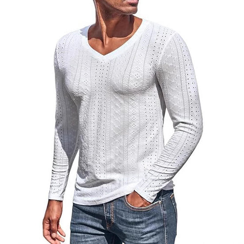 Men's Jacquard V-Neck Long Sleeve Knit Shirt - White - M