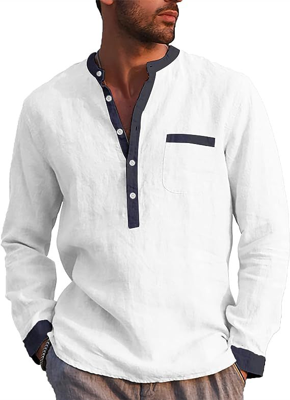 Men's Cotton Linen Long Sleeve Henley Shirt - Beige - M
