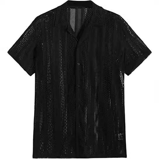 Men's Openwork Knit Short Sleeve Shirt - Black